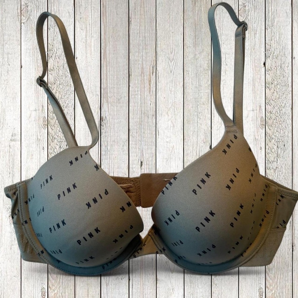 Victoria's Secret PINK Wear Everywhere Push Up Bra Olive Green Logo Print